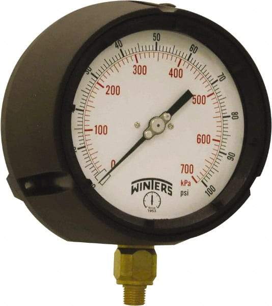 Winters - 4-1/2" Dial, 1/4 Thread, 0-100 Scale Range, Pressure Gauge - Bottom Connection Mount, Accurate to ±0.5% of Scale - Exact Industrial Supply