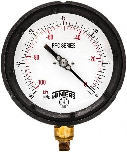 Winters - 4-1/2" Dial, 1/4 Thread, 30-0 Hg VAC Scale Range, Pressure Gauge - Bottom Connection Mount, Accurate to ±0.5% of Scale - Exact Industrial Supply