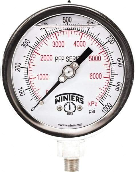 Winters - 4" Dial, 1/4 Thread, 0-1,000 Scale Range, Pressure Gauge - Bottom Connection Mount, Accurate to 0.01% of Scale - Exact Industrial Supply