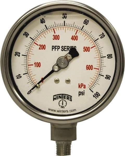 Winters - 4" Dial, 1/4 Thread, 0-100 Scale Range, Pressure Gauge - Bottom Connection Mount, Accurate to 1% Full-Scale of Scale - Exact Industrial Supply