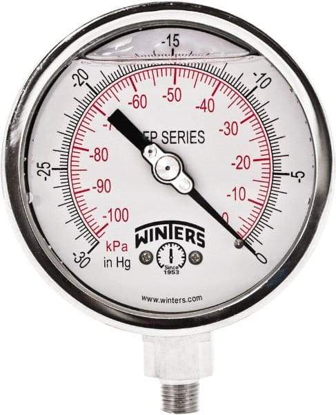 Winters - 4" Dial, 1/4 Thread, 30" HG Vac Scale Range, Pressure Gauge - Bottom Connection Mount, Accurate to 1% Full-Scale of Scale - Exact Industrial Supply