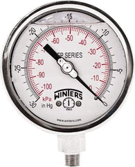 Winters - 4" Dial, 1/4 Thread, 30" HG Vac Scale Range, Pressure Gauge - Bottom Connection Mount, Accurate to 1% Full-Scale of Scale - Exact Industrial Supply