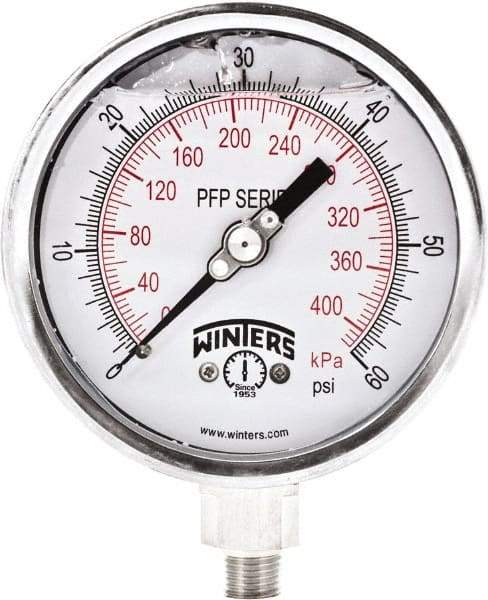 Winters - 4" Dial, 1/4 Thread, 0-60 Scale Range, Pressure Gauge - Bottom Connection Mount, Accurate to 0.01% of Scale - Exact Industrial Supply