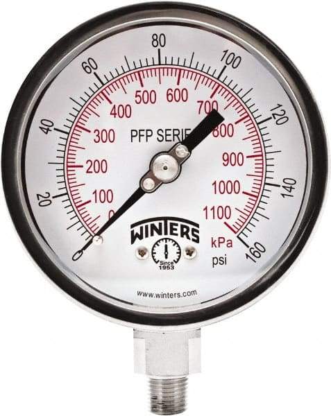 Winters - 4" Dial, 1/4 Thread, 0-160 Scale Range, Pressure Gauge - Bottom Connection Mount, Accurate to 0.01% of Scale - Exact Industrial Supply