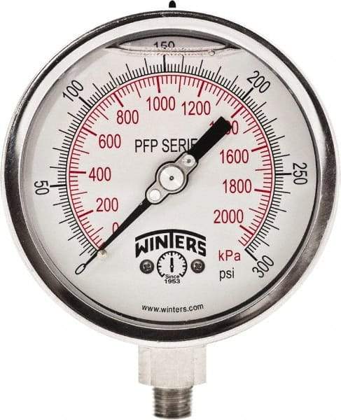 Winters - 4" Dial, 1/4 Thread, 0-300 Scale Range, Pressure Gauge - Bottom Connection Mount, Accurate to 0.01% of Scale - Exact Industrial Supply