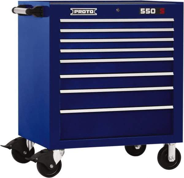Proto - 8 Drawer Steel Tool Roller Cabinet - 34" Wide x 41" High x 25-1/4" Deep, Ball Bearing Drawer Slides, Blue - Exact Industrial Supply