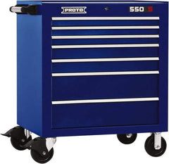 Proto - 7 Drawer Steel Tool Roller Cabinet - 34" Wide x 41" High x 25-1/4" Deep, Ball Bearing Drawer Slides, Blue - Exact Industrial Supply