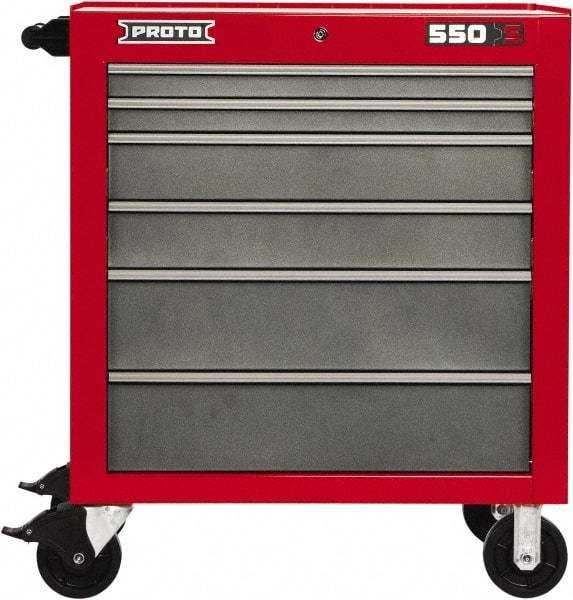 Proto - 6 Drawer Steel Tool Roller Cabinet - 34" Wide x 41" High x 25-1/4" Deep, Ball Bearing Drawer Slides, Safety Red/Gray - Exact Industrial Supply