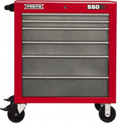 Proto - 6 Drawer Steel Tool Roller Cabinet - 34" Wide x 41" High x 25-1/4" Deep, Ball Bearing Drawer Slides, Safety Red/Gray - Exact Industrial Supply