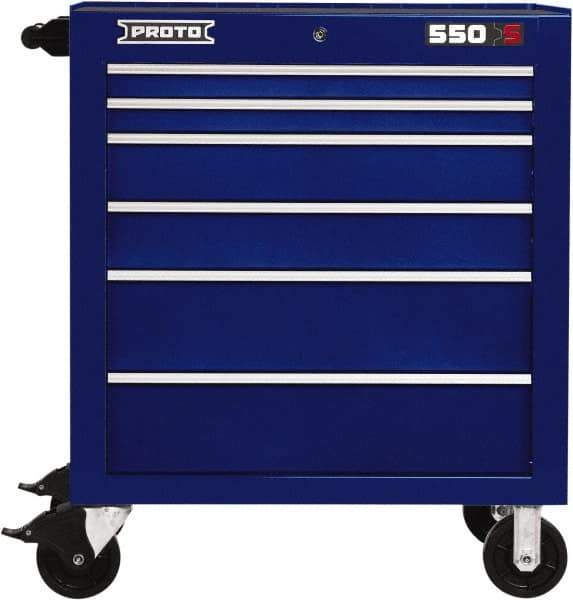 Proto - 6 Drawer Steel Tool Roller Cabinet - 34" Wide x 41" High x 25-1/4" Deep, Ball Bearing Drawer Slides, Blue - Exact Industrial Supply