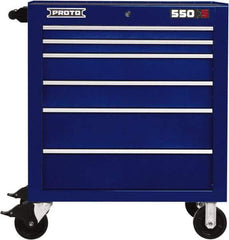 Proto - 6 Drawer Steel Tool Roller Cabinet - 34" Wide x 41" High x 25-1/4" Deep, Ball Bearing Drawer Slides, Blue - Exact Industrial Supply
