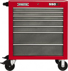 Proto - 7 Drawer Steel Tool Roller Cabinet - 34" Wide x 41" High x 25-1/4" Deep, Ball Bearing Drawer Slides, Safety Red/Gray - Exact Industrial Supply