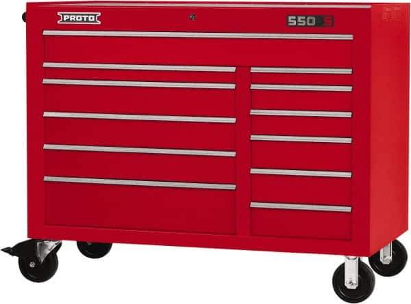 Proto - 23,419 Lb Capacity, 12 Drawer Mobile Workstation - 50" Wide x 25-1/4" Deep x 41" High, Steel, Red - Exact Industrial Supply