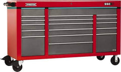 Proto - 30,144 Lb Capacity, 18 Drawer Mobile Power Workstation - 67" Wide x 25-1/4" Deep x 41" High, Steel, Safety Red & Gray - Exact Industrial Supply