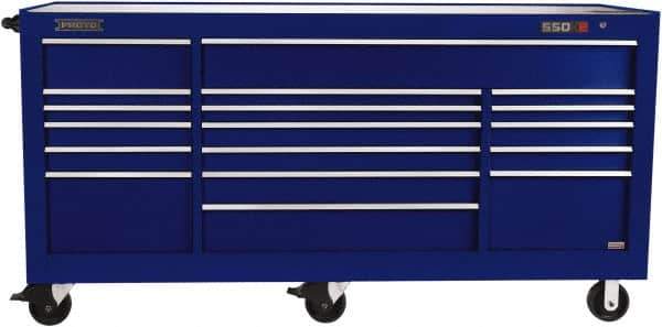 Proto - 48,654 Lb Capacity, 18 Drawer Mobile Workstation - 88-1/4" Wide x 27" Deep x 46-3/8" High, Steel, Blue - Exact Industrial Supply