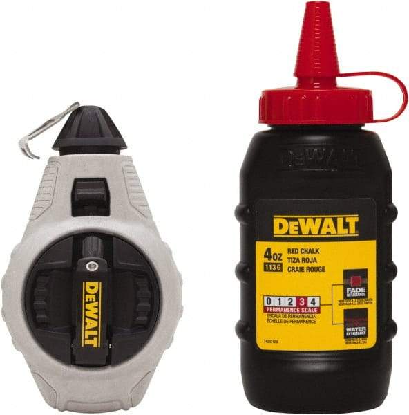 DeWALT - 100' Long Reel & Chalk Set - Silver & Black, Includes 4 oz Red Chalk - Exact Industrial Supply