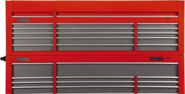 Proto - 15 Drawer Top Tool Chest - 88-1/4" Wide x 27" Deep x 27-1/4" High, Steel, Safety Red/Gray - Exact Industrial Supply