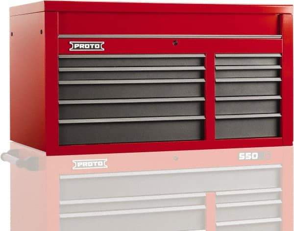 Proto - 10 Drawer Top Tool Chest - 50" Wide x 25-1/4" Deep x 27" High, Steel, Safety Red/Gray - Exact Industrial Supply