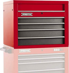 Proto - 4 Drawer Top Tool Chest - 34" Wide x 25-1/4" Deep x 27" High, Steel, Safety Red/Gray - Exact Industrial Supply