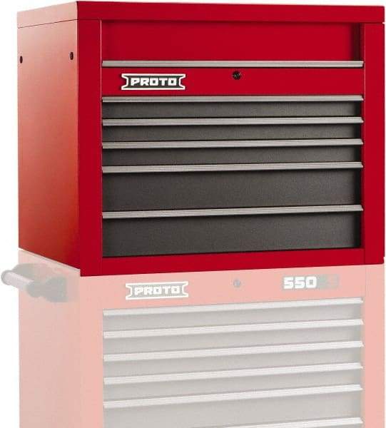 Proto - 5 Drawer Top Tool Chest - 34" Wide x 25-1/4" Deep x 27" High, Steel, Safety Red/Gray - Exact Industrial Supply