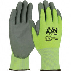 Cut-Resistant Gloves: Size 2XL, ANSI Cut A5, Polyurethane, PolyKor Gray & High-Visibility Lime Green, 10.8″ OAL, Palm & Fingers Coated, Polyurethane Grip