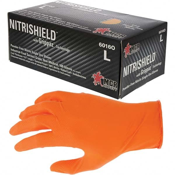 Disposable Gloves: Size X-Large, 6 mil, Nitrile Orange, 9-1/2″ Length, FDA Approved