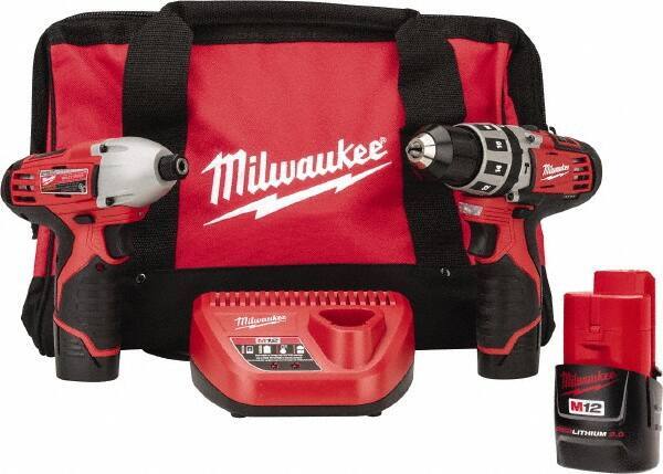 Milwaukee Tool - 12 Volt Cordless Tool Combination Kit - Includes 1/4" Hex Impact Driver & 3/8" Hammer Drill, Lithium-Ion Battery Included - Exact Industrial Supply