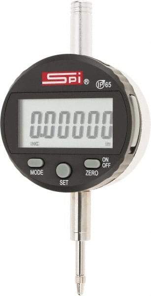 SPI - 0 to 1/2" Range, 0.00005" Graduation, Electronic Drop Indicator - Flat & Lug Back, Accurate to 0.00016", Inch & Metric System, Digital Display - Exact Industrial Supply
