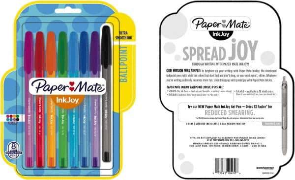 Paper Mate - 1mm Ball Point Ball Point Pen - Pink, Red, Orange, Green, Turquoise, Blue, Purple & Black - Exact Industrial Supply