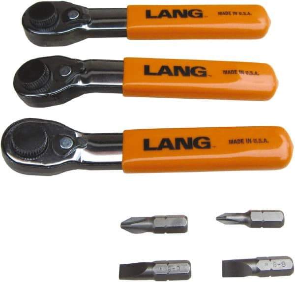 Lang - 7 Piece, Silver/Orange/Black Ratcheting Bit Driver Set - For Use with Various Applications - Exact Industrial Supply