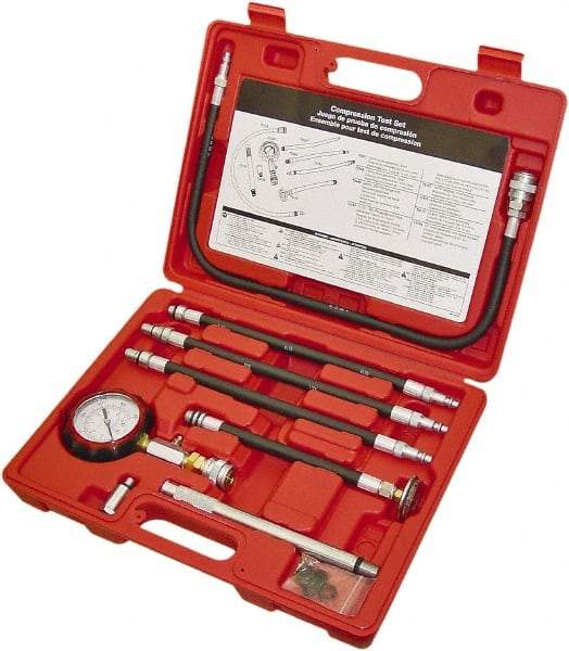 Lang - 8 Piece Dial Engine Compression Test Kit - 300 Max Pressure, 0 to 300 PSI (0 to 21 Kg/cm2) Scale - Exact Industrial Supply