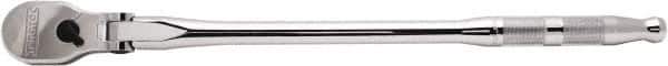 Proto - 1/2" Drive Pear Head Ratchet - Full Polish Chrome Finish, 17" OAL, 90 Gear Teeth, Long Handle, Reversible Flex Head - Exact Industrial Supply