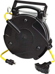 Value Collection - 12 AWG, 65' Cable Length, Cord & Cable Reel with Quad Tap Nema 5-15 End - 4 Outlets, NEMA 5-15R, 15 Amps, 120 Volts, SJTOW Cable, Black Reel, Spring Driven Reel - Exact Industrial Supply