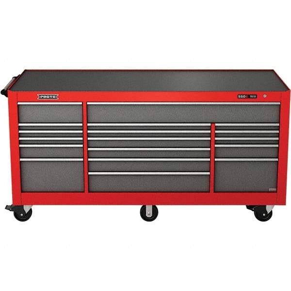 Proto - 48,654 Lb Capacity, 18 Drawer Mobile Power Workstation - 88-1/4" Wide x 27" Deep x 46-3/8" High, Steel, Safety Red & Gray - Exact Industrial Supply