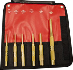 Mayhew - 6 Piece, 1/8 to 3/8", Pin Punch Set - Round Shank, Brass, Comes in Pouch - Exact Industrial Supply