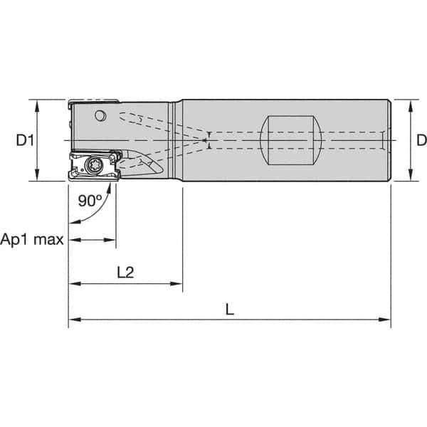 Kennametal - 1-1/2" Cut Diam, 11mm Max Depth of Cut, 1-1/4" Shank Diam, 4.53" OAL, Indexable Square Shoulder End Mill - LNGU110408SRGE Inserts, Weldon Shank, 0° Lead Angle, Through Coolant, Series Mill 4-11 - Exact Industrial Supply