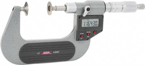 SPI - 1 to 2", IP54, Ratchet Stop Thimble, Electronic Disc Micrometer - 0.0002" Accuracy, 0.79" Disc, 0.00005" Resolution, 0.31" Spindle Diam, Steel Face, NIST Traceability Certification Included - Exact Industrial Supply