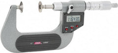 SPI - 1 to 2", IP54, Ratchet Stop Thimble, Electronic Disc Micrometer - 0.0002" Accuracy, 0.79" Disc, 0.00005" Resolution, 0.31" Spindle Diam, Steel Face, NIST Traceability Certification Included - Exact Industrial Supply