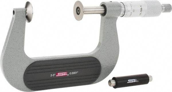 SPI - 2 to 3", Ratchet Stop Thimble, Mechanical Disc Micrometer - 0.0002" Accuracy, 0.79" Disc, 0.0001" Resolution, 0.31" Spindle Diam, Steel Face, NIST Traceability Certification Included - Exact Industrial Supply