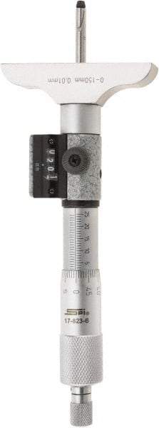 SPI - 0 to 150mm Range, 6 Rod, Mechanical Depth Micrometer - Ratchet Stop Thimble, 63mm Base Length, 0.01mm Graduation, 4.5mm Rod Diam - Exact Industrial Supply