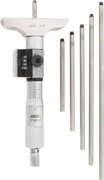 SPI - 0 to 6" Range, 6 Rod, Mechanical Depth Micrometer - Ratchet Stop Thimble, 2-1/2" Base Length, 0.001" Graduation, 4.5mm Rod Diam - Exact Industrial Supply