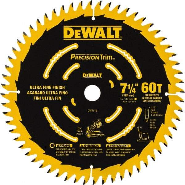 DeWALT - 7-1/4" Diam, 5/8" Arbor Hole Diam, 60 Tooth Wet & Dry Cut Saw Blade - Tungsten Carbide-Tipped, Smooth Action, Standard Round Arbor - Exact Industrial Supply