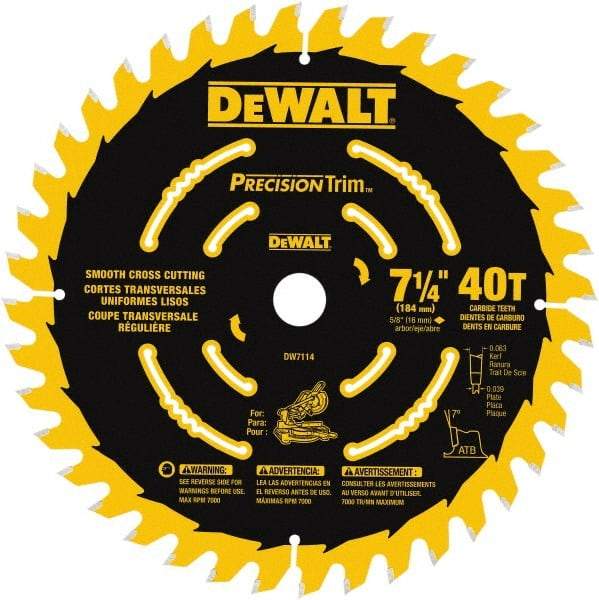 DeWALT - 7-1/4" Diam, 5/8" Arbor Hole Diam, 40 Tooth Wet & Dry Cut Saw Blade - Tungsten Carbide-Tipped, Smooth Action, Standard Round Arbor - Exact Industrial Supply