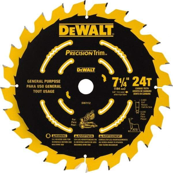 DeWALT - 7-1/4" Diam, 5/8" Arbor Hole Diam, 24 Tooth Wet & Dry Cut Saw Blade - Tungsten Carbide-Tipped, Smooth Action, Standard Round Arbor - Exact Industrial Supply