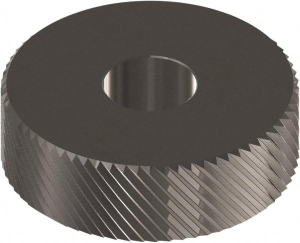 Made in USA - 1/2" Diam, 90° Tooth Angle, 30 TPI, Beveled Face, Form Type Cobalt Left-Hand Diagonal Knurl Wheel - 3/16" Face Width, 3/16" Hole, Circular Pitch, 30° Helix, Ferritic Nitrocarburizing Finish, Series EP - Exact Industrial Supply
