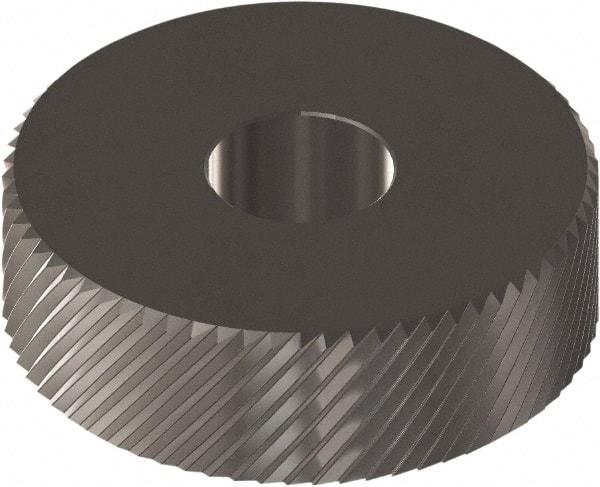 Made in USA - 5/8" Diam, 90° Tooth Angle, 30 TPI, Beveled Face, Form Type Cobalt Right-Hand Diagonal Knurl Wheel - 1/4" Face Width, 1/4" Hole, Circular Pitch, 30° Helix, Ferritic Nitrocarburizing Finish, Series GK - Exact Industrial Supply