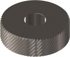 Made in USA - 1/2" Diam, 90° Tooth Angle, 16 TPI, Beveled Face, Form Type Cobalt Right-Hand Diagonal Knurl Wheel - 3/16" Face Width, 3/16" Hole, Circular Pitch, 30° Helix, Ferritic Nitrocarburizing Finish, Series EP - Exact Industrial Supply