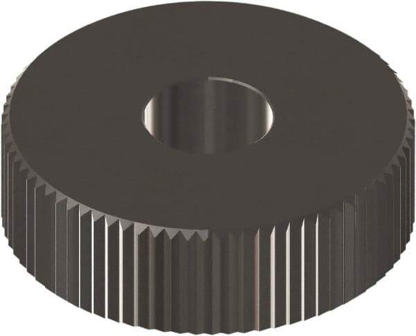 Made in USA - 5/8" Diam, 90° Tooth Angle, Beveled Face, Form Type Cobalt Straight Knurl Wheel - 1/4" Face Width, 1/4" Hole, 128 Diametral Pitch, 0° Helix, Ferritic Nitrocarburizing Finish, Series GK - Exact Industrial Supply