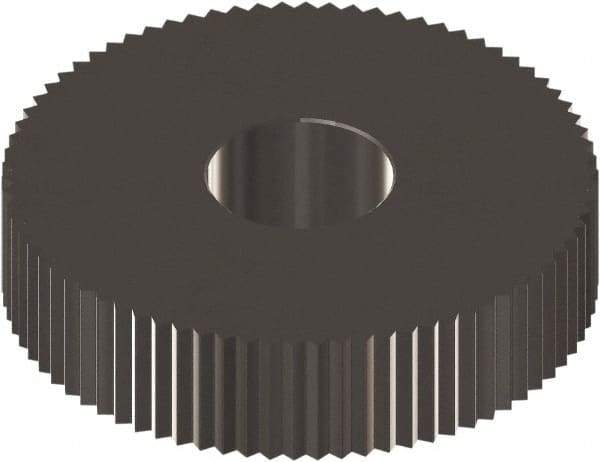 Made in USA - 1" Diam, 90° Tooth Angle, 14 TPI, Standard (Shape), Form Type Cobalt Straight Knurl Wheel - 0.236" Face Width, 5/16" Hole, Circular Pitch, 0° Helix, Ferritic Nitrocarburizing Finish, Series OS - Exact Industrial Supply