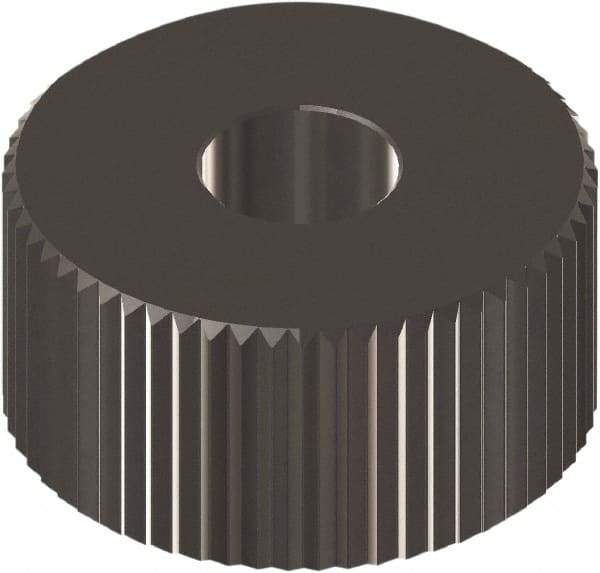 Made in USA - 3/4" Diam, 90° Tooth Angle, 40 TPI, Beveled Face, Form Type Cobalt Straight Knurl Wheel - 0.197" Face Width, 1/4" Hole, Circular Pitch, 0° Helix, Ferritic Nitrocarburizing Finish, Series KM - Exact Industrial Supply